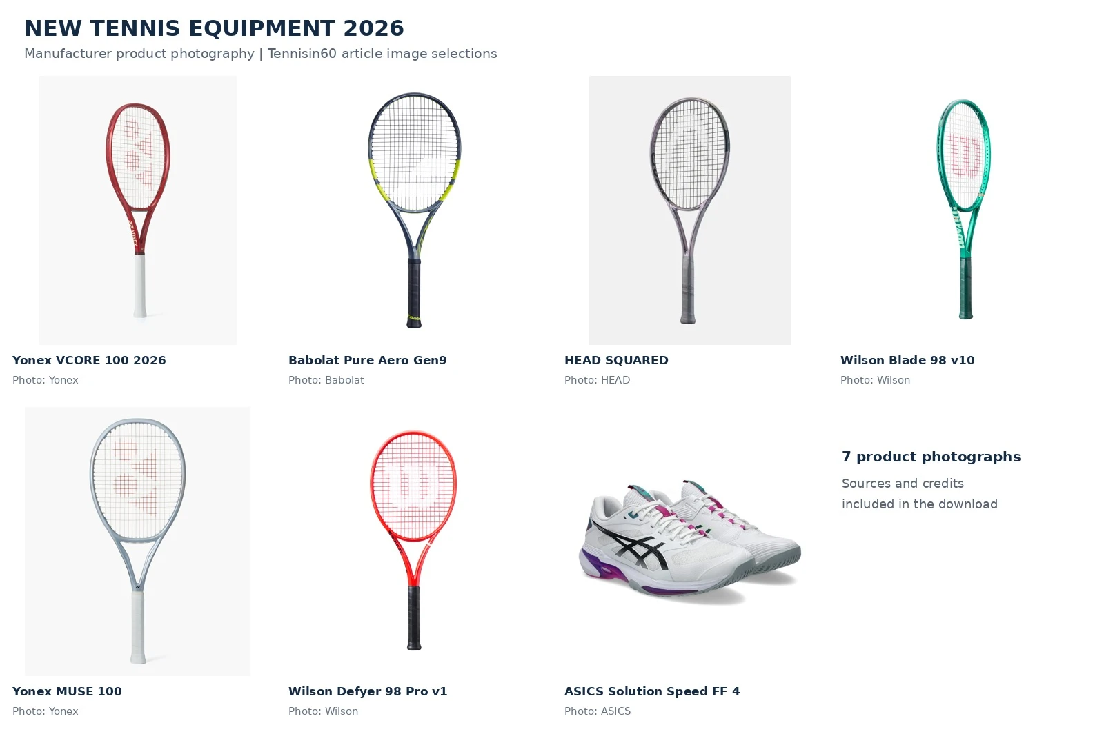 Seven 2026 tennis equipment launches with manufacturer product photographs