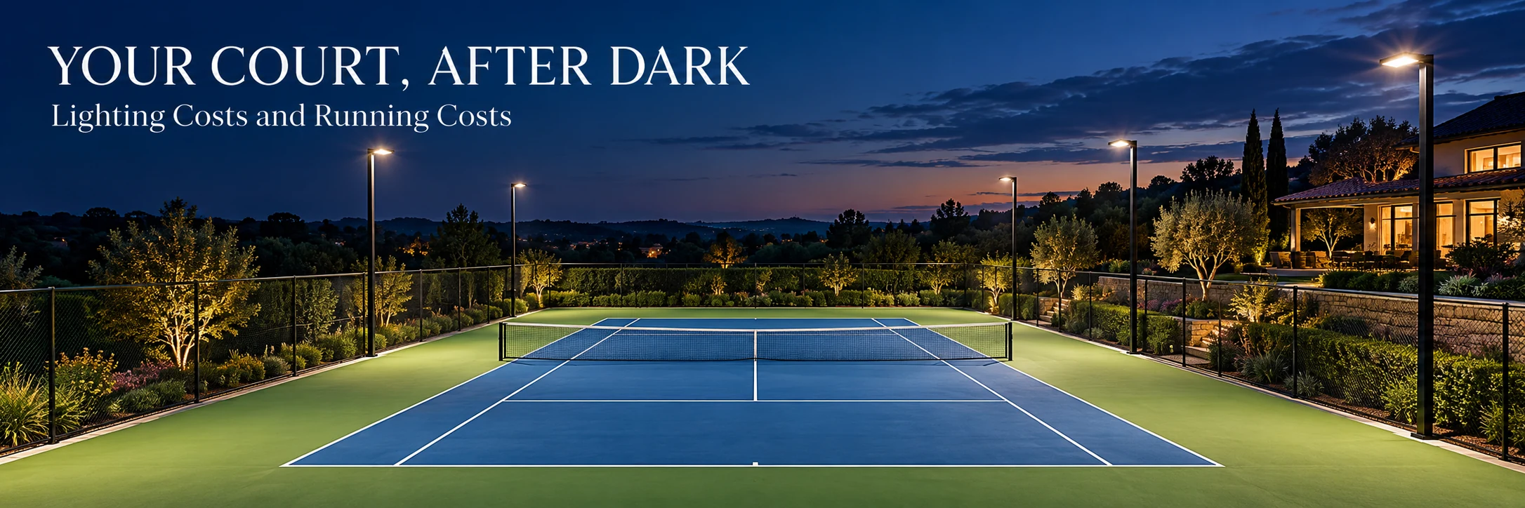 Private tennis court illuminated by perimeter lights at dusk