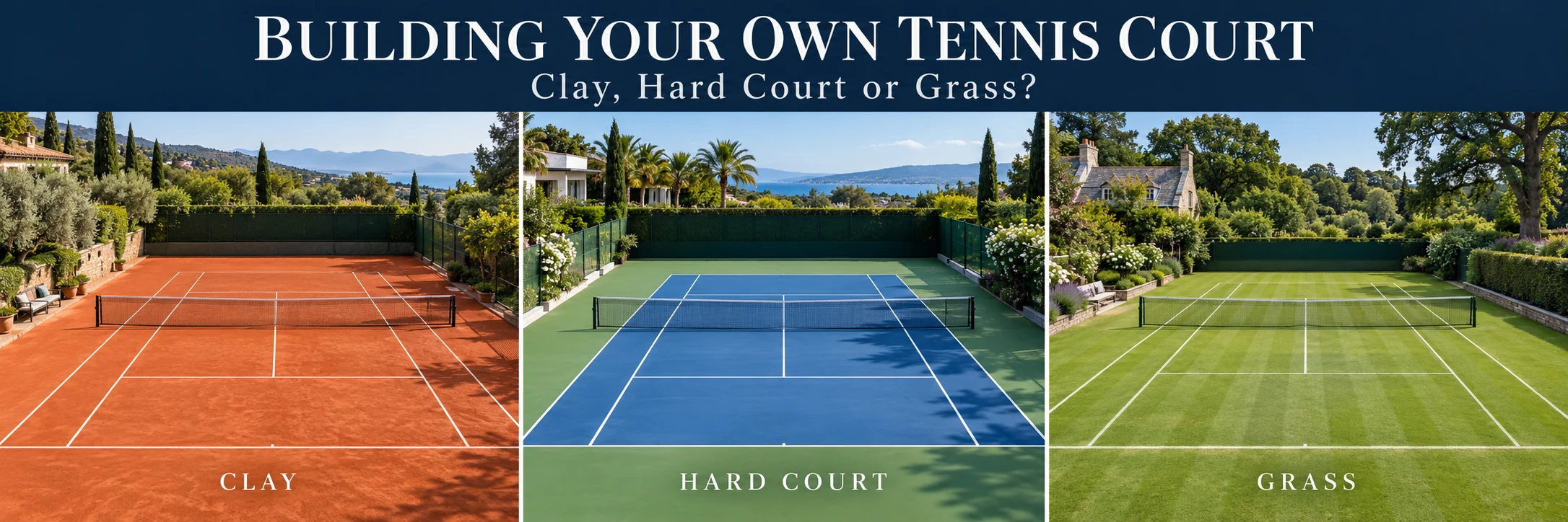 Clay, blue acrylic hard court and natural grass private tennis courts