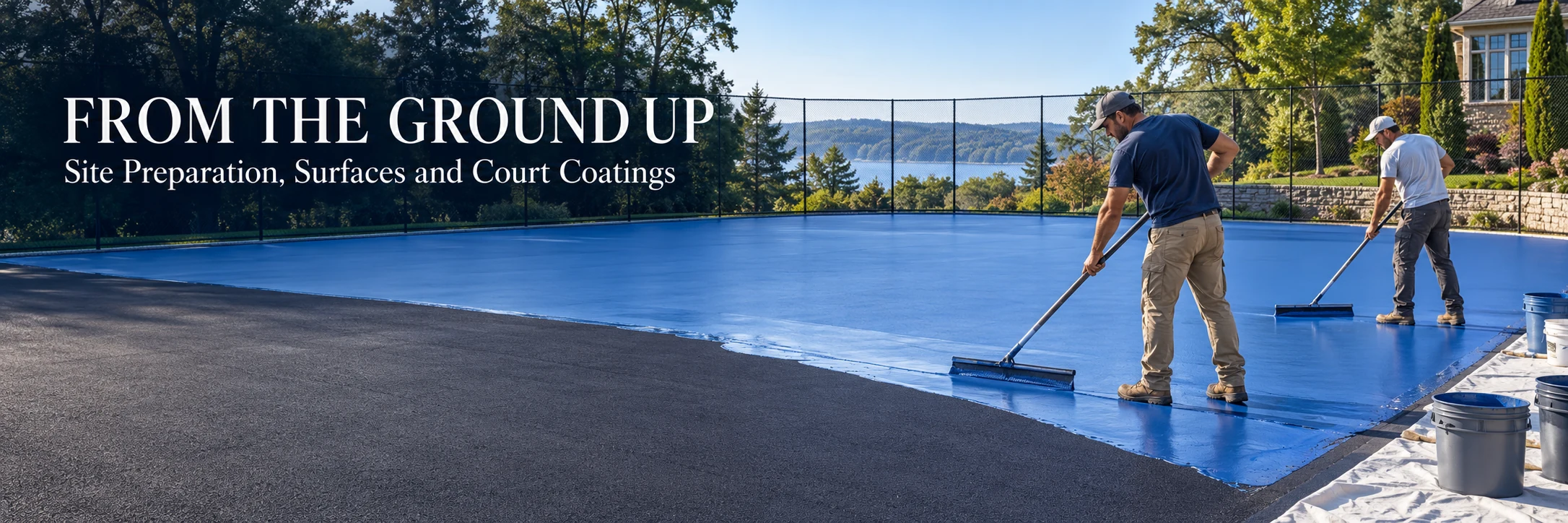Contractors applying specialist blue acrylic tennis court coating