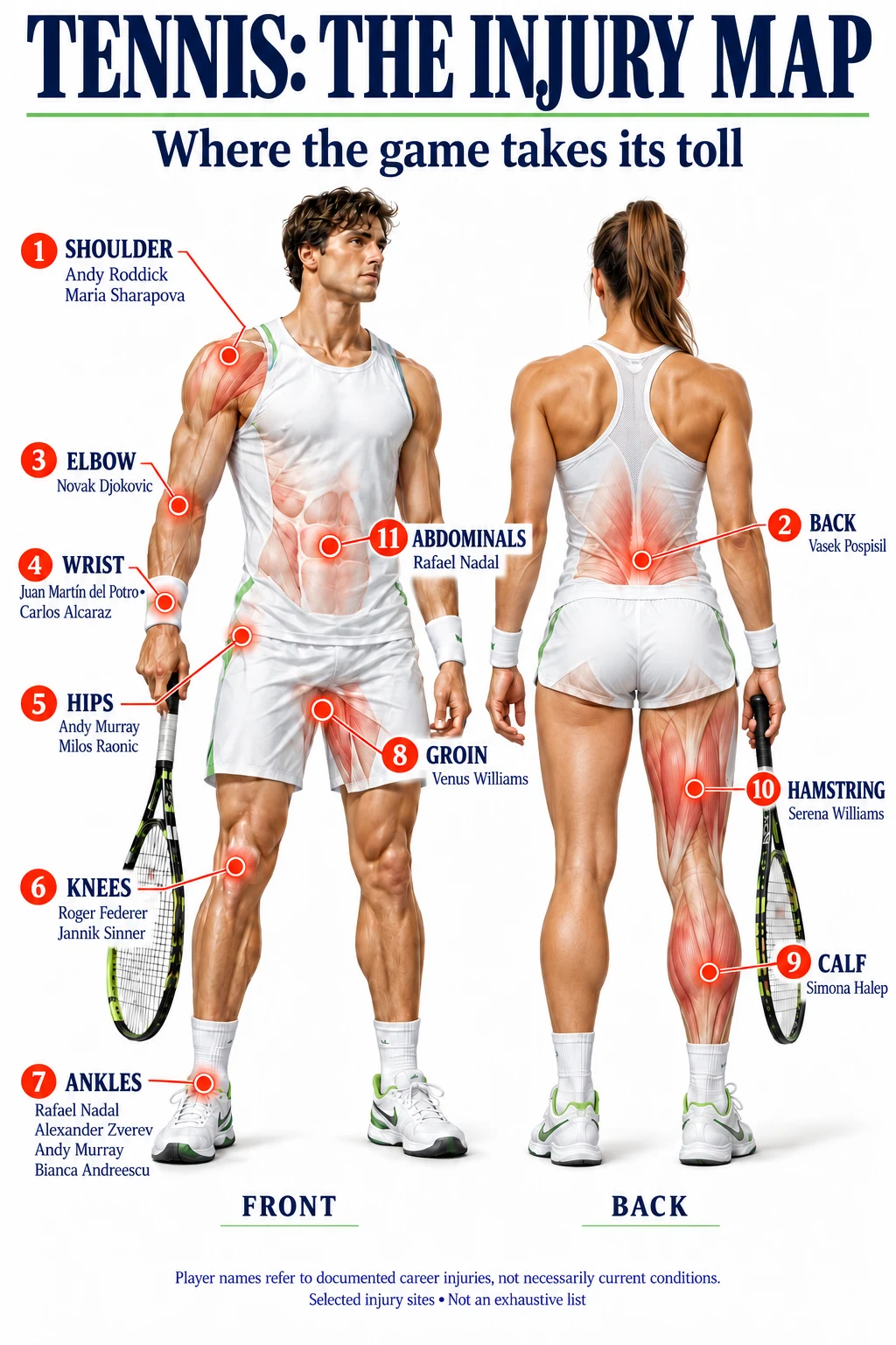 Tennis injury map showing common injury sites and historical player examples